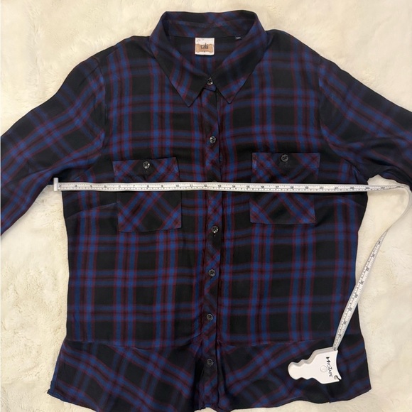 CAbi Moody Plaid Peplum Button Down Top Large Blue Black - Picture 8 of 10